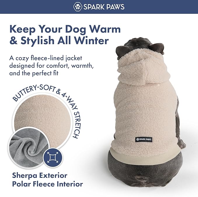 Spark Paws Fleece Dog Jacket, Hooded Sweater Vest, Warm Coat for Winter - Suitable for Small Medium Large XL XXL Breeds - Beige - 2XL