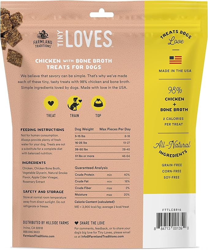 Farmland Traditions Tiny Loves Jerky Trainer Treats for Dogs w/Bone Broth (Chicken, 16 oz.)