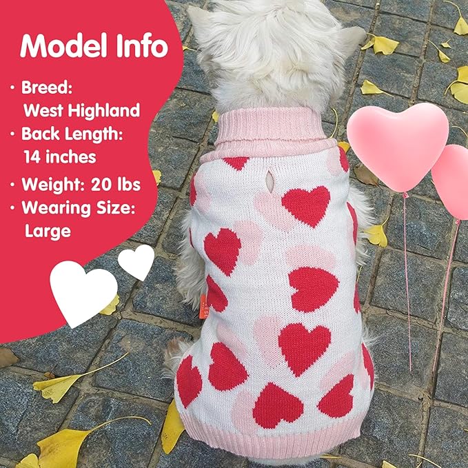 KYEESE Valentines Dog Sweater, Small Pet Sweaters with Heart Print, Soft Dogs Sweaters for Small Dogs, Warm Pet Sweater Medium Size Dog, Stretchy Pets Clothes Coat with Leash Hole, XL