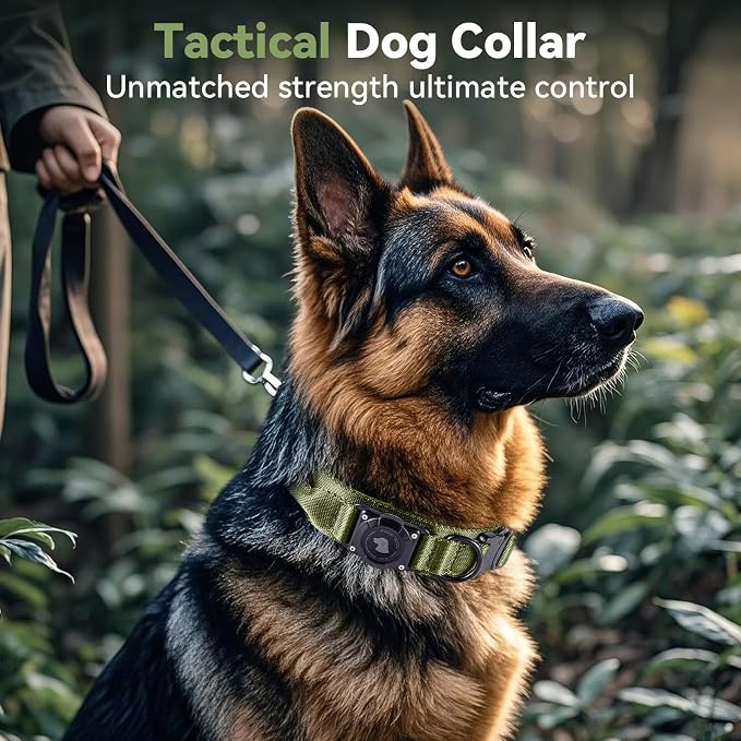 2026 Upgrade Waterproof Tactical AirTag Dog Collar, Built in AirTag Holder | Comfortable Control Handle, Quick Release Metal Buckle, Durable 1000D Nylon, For Medium to Large Dogs, Army Green, M