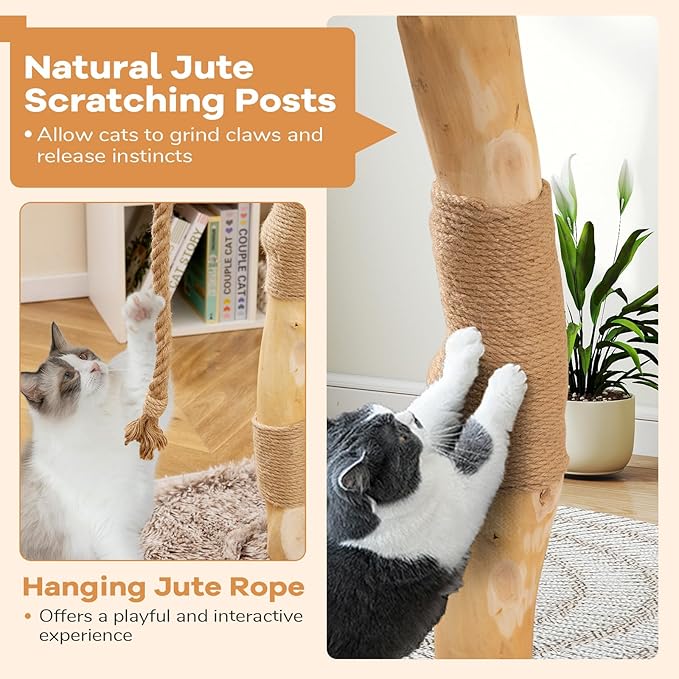 Tangkula Solid Wood Cat Tree, Modern Cat Tower with Scratching Post, Luxurious Perch & Platform, Teasing Rope, Natural Pear Wood, Soft Long Plush, Cute Cat Tree for Indoor Kittens