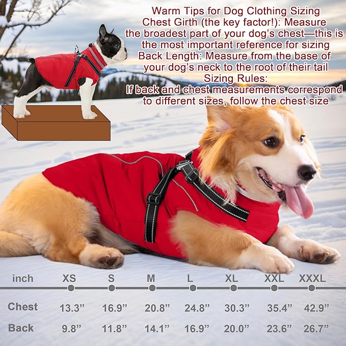 Fragralley Dog Coat with Harness Built in, Waterproof Windproof Reflective Warm Puffer Jacket, Fleece Lined Vest Winter Parka for Small, Medium, Large Dogs