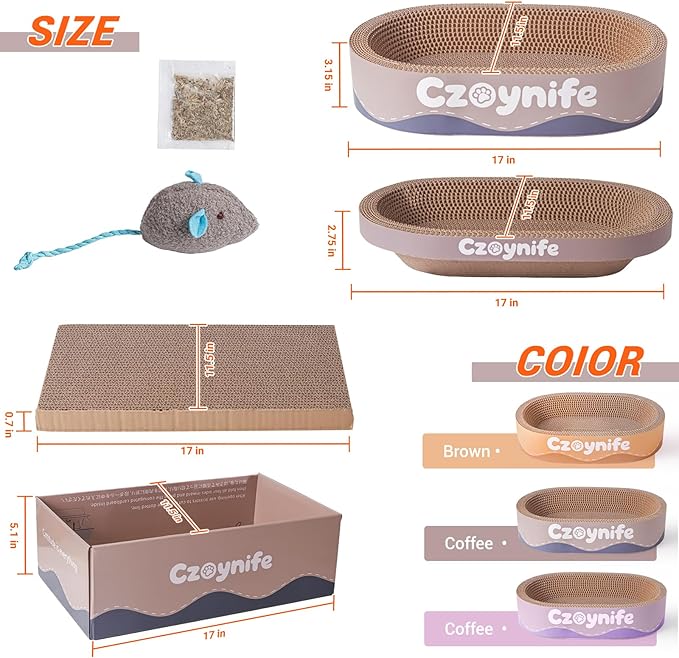 Czoynife 3PCS Cat Scratcher Cardboard, Oval Cat Scratch Pad Bowl Nest for Indoor Cats, Round Cat Scratching Board Corrugated Lounge Cat Bed, Furniture Protector for Couch (Coffee, 17 * 11.5 in)