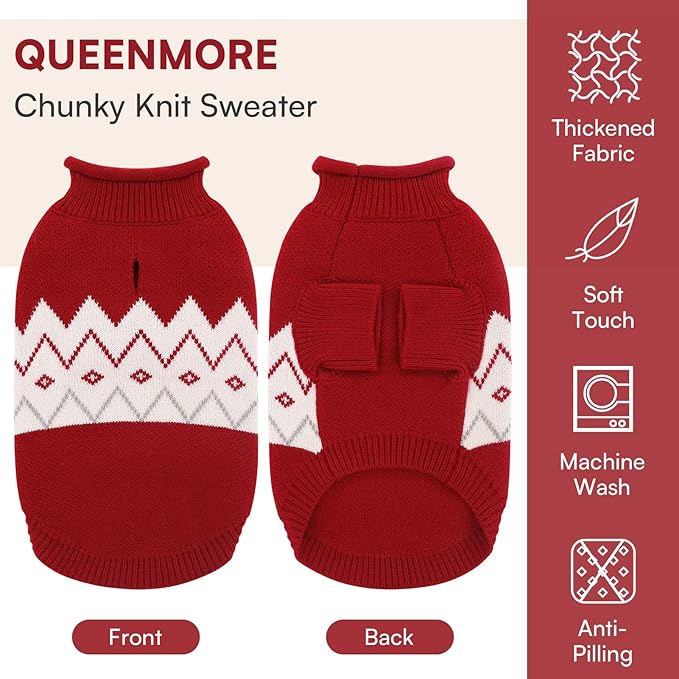 Queenmore Warm Dog Sweater, Soft Pet Knitwear, Knitted Pullover, Winter Pet Clothes for Small Medium Dogs Cats Red