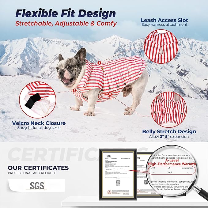 SPACE LION Dog Puffer Jacket, Down Winter Coat, Durable Outdoor Coat for Cold and Windy Conditions, Lightweight & Adjustable Fit Coats for Large Dogs, (RedStripe, Size22/XL+)