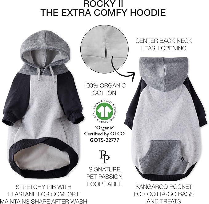 Rocky II - The Extra Comfy Hoodie, Organic Cotton and Recycled Poly Dog Hoodie Pet Coat Sweater for Small, Medium, Large Dogs, Heather Gray Color Block, XX-Small