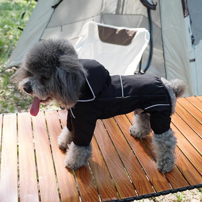LOVELONGLONG Waterproof Dog Raincoat with Removable Hood – Outdoor Full Body Dog Jacket, Windproof Snowproof Shell Suit – All Season Pet Rain Gear Black L