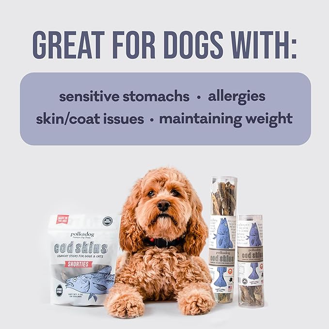 Polkadog Cod Skins for Dogs (4.7oz Regular) - Single Ingredient, Wild-Caught Fish Skin Dog Treats for All Breeds – High in Lean Protein & Omega-3. Hypoallergenic, Grain Free. Handcrafted & Made in USA