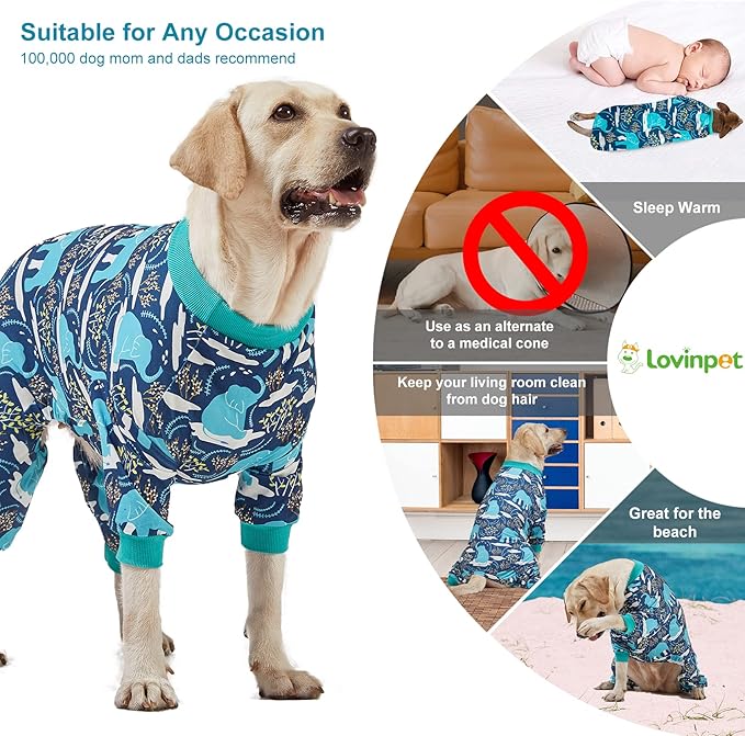 LovinPet Large Dog Clothes, Pet Anxiety Relief, UV Protection, Large Breed Dog Pajamas, Lightweight Stretchy Knit Fabric Onesie, Blue Elephant Print Weimaraner Jammies, Pet PJ's/XL