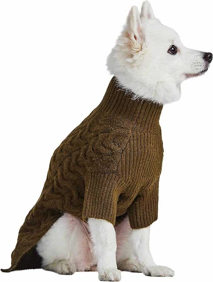 Blueberry Pet Classic Fuzzy Textured Knit Pullover Turtle-Neck Dog Sweater in Dark Olive, Back Length 14", Pack of 1 Clothes for Dogs