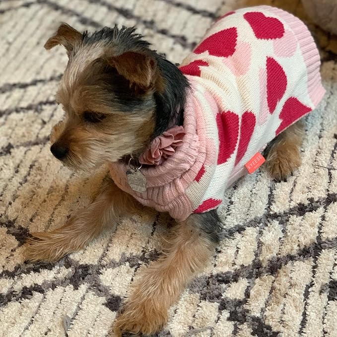 KYEESE Valentines Dog Sweater, Turtleneck Small Dog Sweater, Warm Pet Clothes with Heart Print, Stretchy Pullover Dogs Sweaters for Small Dogs, Comfy Pet Coat with Leash Hole, S