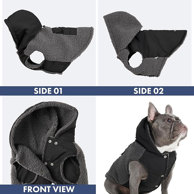 Spark Paws Reversible Fleece Dog Jacket, Hooded Sweater Vest, Warm Coat for Winter - Suitable for Small Medium Large XL XXL Dogs - Black and Grey - L