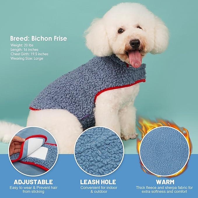 cyeollo Warm Dog Coat, Reversible Fleece Vest Dog Jacket for Winter Sherpa Turtleneck Pet Clothes Puppy Jackets Cold Weather Doggie Coats for Small Dogs, Blue S