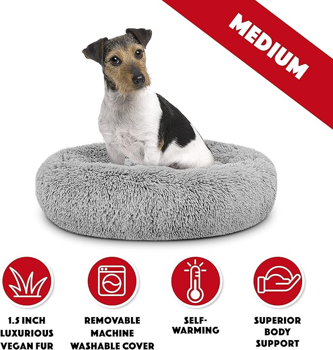 The Dog’s Bed Sound Sleep Donut Dog Bed, Medium Silver Grey Fur Calming Nest Bed, Veterinary Approved