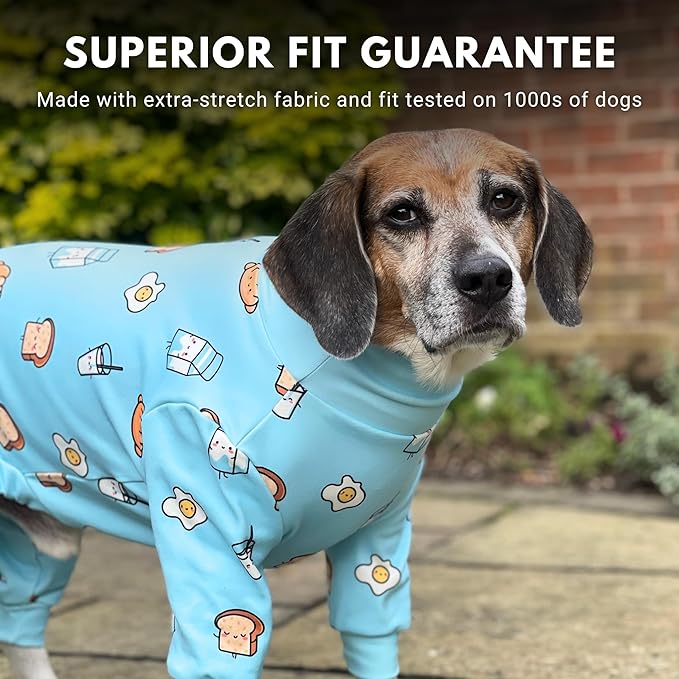 Spark Paws Dog Pajama, Dog Recovery Suit Male, Onesie, Ultra-Soft and 4-Way Stretch, for Small Medium and Large Breeds - Breakfast Blue - XXL