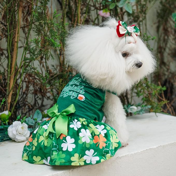 CuteBone St.Patrick's Day Dog Green Dress Velvet for Small Dogs Girl Puppy Dresses Clover Dog Clothes CVA13XS-D
