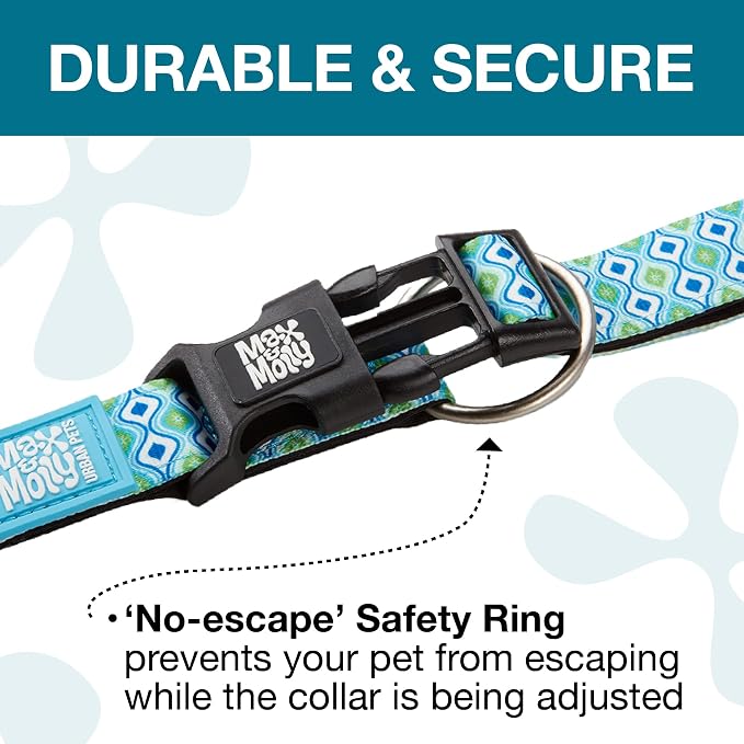 Max & Molly Urban Pets Smart ID Dog Collar - Soft Neoprene, Waterproof, Machine Washable, Power Buckle, Gotcha! QR Tag & Custom App Profile, Retro Blue M