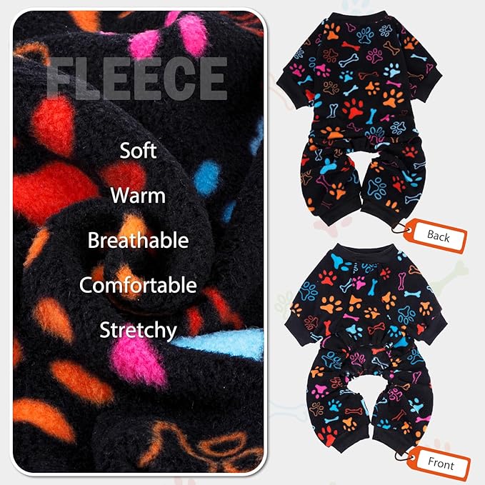 SCENEREAL Fleece Dog Pajamas for Small Medium Large Dogs, Warm Soft Puppy Jumpsuit, Adorable Bones Paw Print Pet Sweaters Clothes, Doggy Pjs Cat Coat for Boy Girl