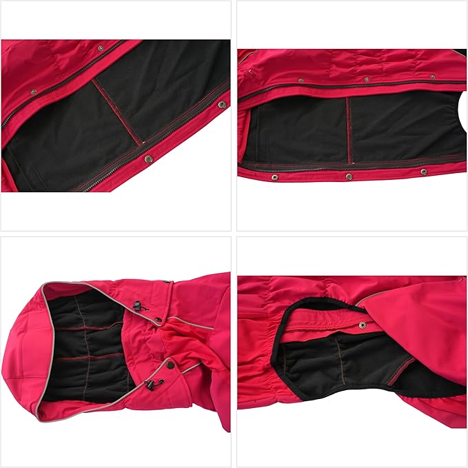 LOVELONGLONG Fleece-Lined Dog Raincoat with Removable Hood – Waterproof Winter Full Body Dog Jacket – Windproof Snowproof Cold-Weather Suit – Red-F M
