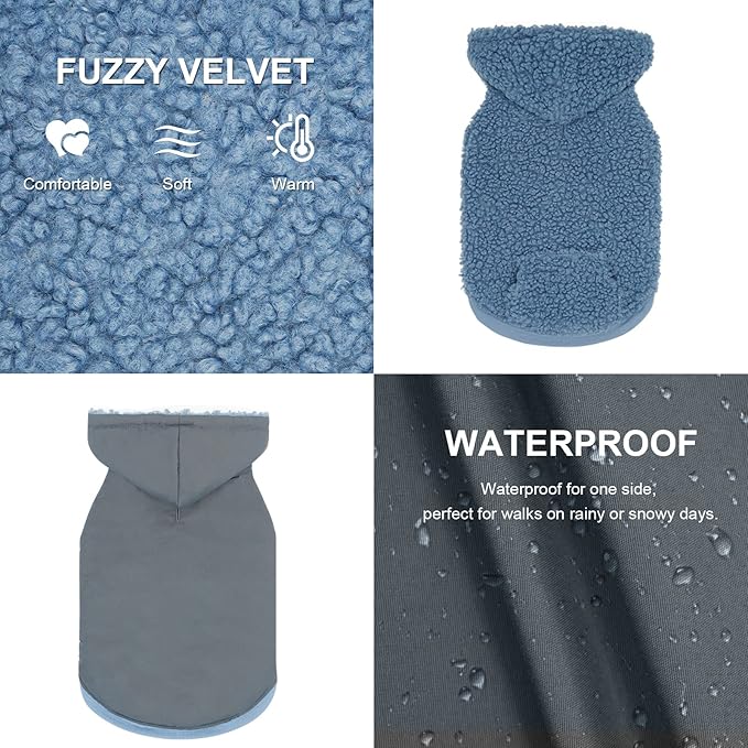 cyeollo Sherpa Dog Hoodie Reversible Vest for Dogs Waterproof Windproof Cozy Winter Clothes Thermal Fuzzy Cold Weather Coats Sweatshirt with Pocket Puppy Cat Apparel, Blue Small