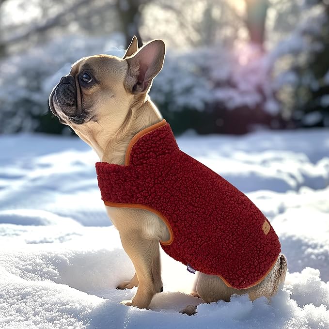 cyeollo Warm Dog Coat Fleece Sherpa Winter Sweater Coats, Turtleneck Dog Jacket Vest for Small Medium Large Dogs with Leash Hole, Soft Reversible Pet Coats for Cold Weather, Burgundy, L