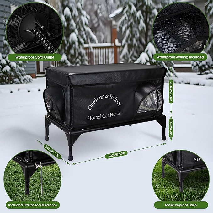 Yeatruojeet Heated Cat House for Outside Cat in Winter, Insulated Outdoor Feral Cat Shelter with Cat Heating Pad, 2 Doors,Elevated Waterproof Heated Kitty House (Black, 25"x13.7"x18")