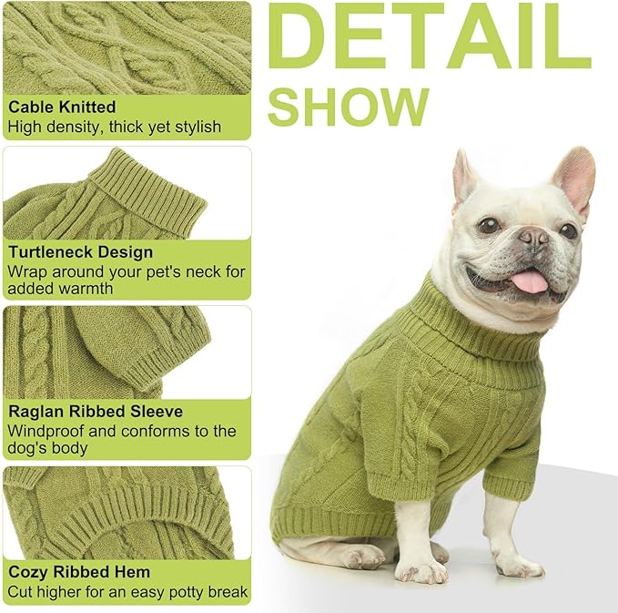 BEAUTYZOO Small Dog Sweater-Dog Sweatshirt Pullover Cable Knit Wear Classic Turtleneck Thick Cold Weather Clothes for Small Dogs, Medium Dogs, Puppies,Green Cable S/M (Back: 14",Chest: 18", Neck: 11")