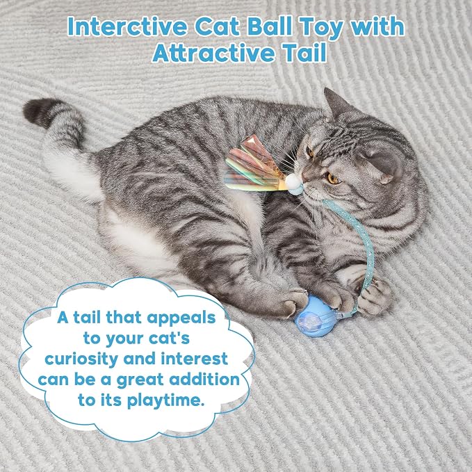 Interactive Cat Toys for Indoor Cats & Dogs, Agile Moving Cat Ball with Elastic Mesh Tail, Rechargeable Enrichment Toys, Smart Automatic Rolling Pet Ball Toys for Bored Indoor Dogs & Cats (Blue)