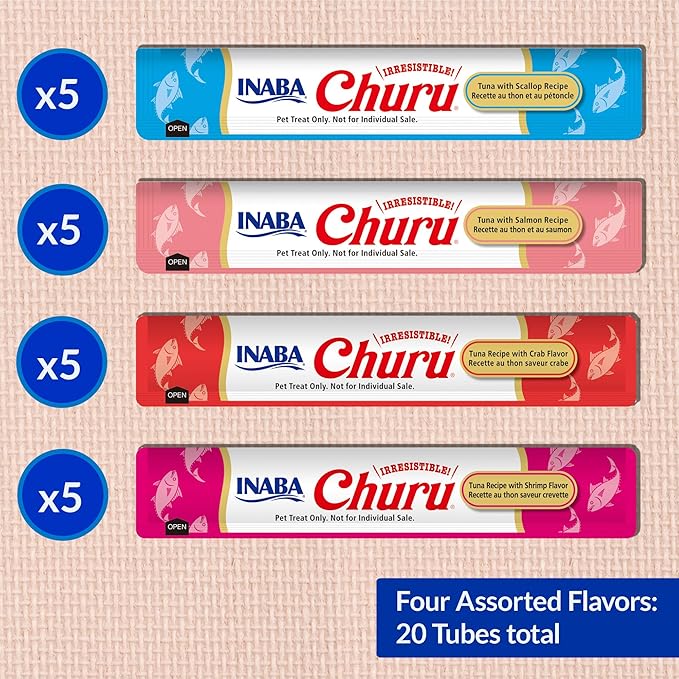 INABA Churu Cat Treats, Lickable, Squeezable Creamy Purée Cat Treat with Green Tea Extract & Taurine, 0.5 Ounces Each Tube, 20 Tubes, Tuna & Seafood Variety Box