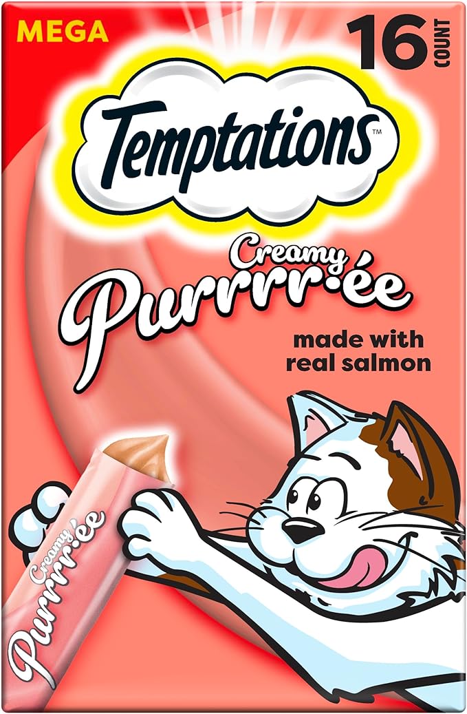 Temptations Creamy Puree Squeezable Lickable Wet Cat Treats with Salmon, 0.42 oz. Tubes, 16 Count