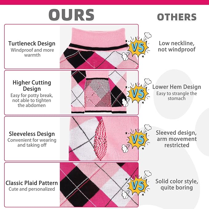 KOOLTAIL Dog Sweater Pet Knitted Clothes - Classic Plaid Pull Over Turtleneck Dog Sweaters with Leash Hole Warm Dogs Winter Clothing for Small Medium Dogs Cats Puppy SM