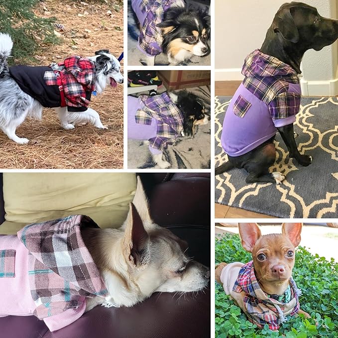 Plaid Dog Hoodie with Hat and Leash Hole, Warm Fleece Sweater for Small to Large Dogs, Soft Pullover in XS to L Sizes