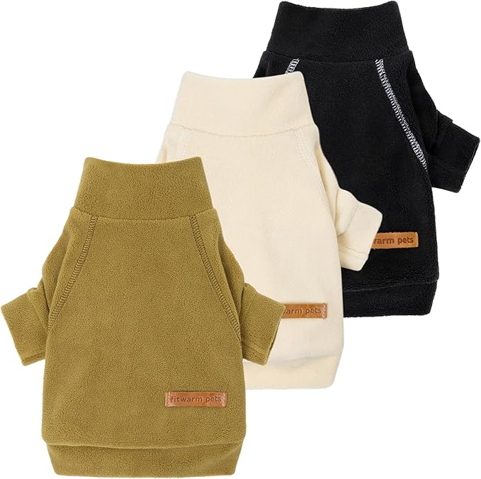 Fitwarm 3 Pack Classic Fleece Dog Sweater, Winter Clothes for Small Dogs Boy Girl, Turtleneck Dog Sweatshirt, Pet Pullover Jumper, Cat Apparel, Black, Olive Green, Cream, XXL