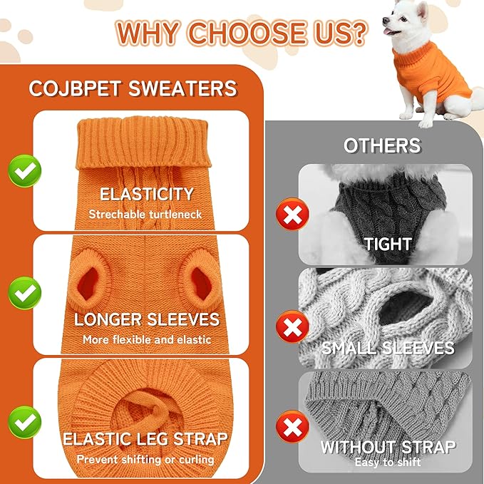 Knitted Dog Sweater for Mini/Small Dogs, Pullover Turtleneck Pet Sweaters, Winter Dog Clothes, Warm Soft Winter Holiday Cat Sweater, Orange, XXS