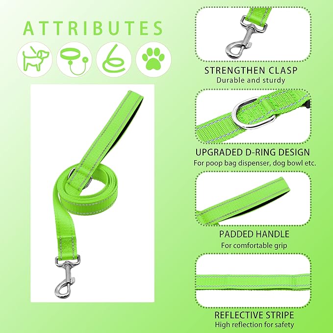 Reflective Dog Collar with Safety Locking Buckle, Adjustable Soft Breathable Nylon Collars for Small, Medium and Large Dogs(Collar+Leash S Width 5/8" Green)