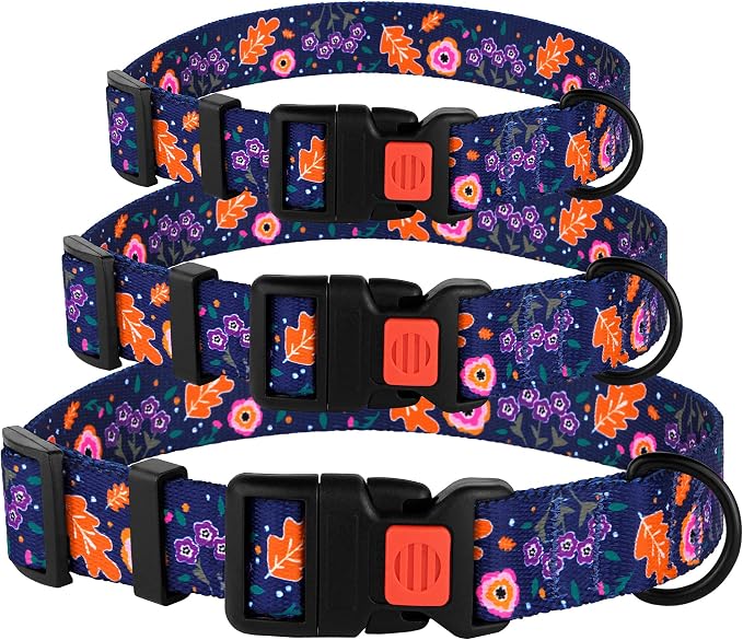 Nylon Dog Collar Floral Pattern Navy Blue 10-13 inch