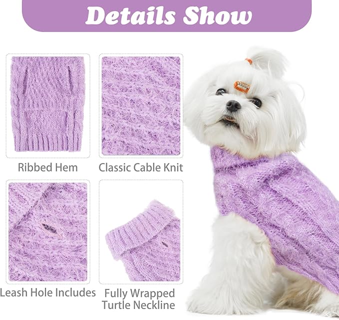 Turtleneck Small Dog Sweaters - Classic Cable Knitwear Winter Coat for Small Medium Dogs Male Female Puppy Dog Cold Weather Clothes Girls Boys, Purple, XS