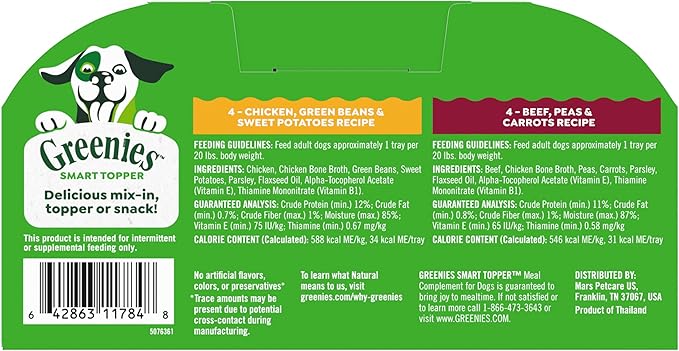 Greenies Smart Topper High Protein Wet Mix-in for Dogs, Chicken, Green Beans, and Sweet Potatoes Recipe & Beef, Peas, and Carrots Recipe Variety Pack, 8 Trays of 2oz.
