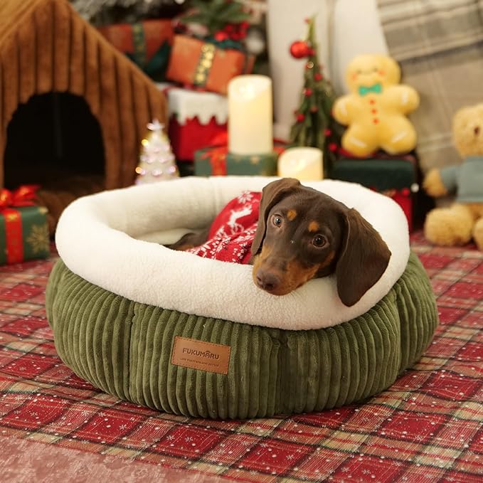 FUKUMARU Cat Bed, Corduroy Round Cat Beds for Indoor Cats, Washable Fluffy Pet Bed for Cats and Puppy, Soft Cute Small Dog Beds, Green