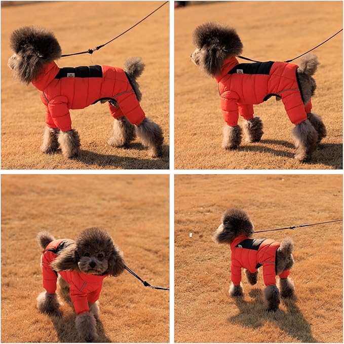 Warm Dog Coat, 4 Legs Covered Waterproof Windproof Reflective Vest, Zippered Adjustable Outdoor Snow Jacket for Small Medium Large Dogs Orange XXXL