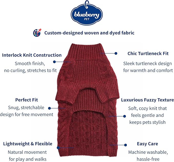 Blueberry Pet Classic Fuzzy Textured Knit Pullover Turtle-Neck Dog Sweater in Burgundy Red, Back Length 18", Pack of 1 Clothes for Dogs