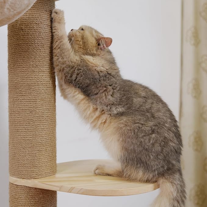 Floor to Ceiling Cat Tree Height (50-119.5in) Adjustable Cat Tower 5 Tier Hemp Scratching Post High Cat Tree Sturdy Activity Tree Indoor Outdoor Cat Scratching Post Activity Center