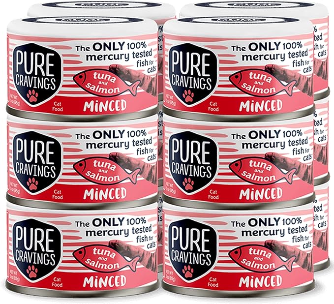 Pure Cravings Minced Tuna and Salmon Wet Canned Cat Food, 100% Mercury-Tested, Moist Can Fish for Cats, Grain-Free, Protein, Non-GMO, 3oz, Pack of 12