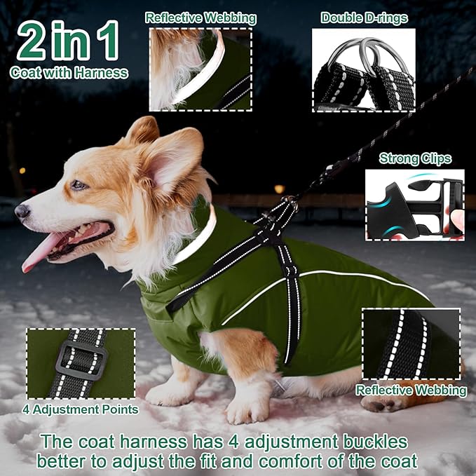Fragralley Dog Coat with Harness Built in, Waterproof Windproof Reflective Warm Puffer Jacket, Fleece Lined Vest Winter Parka for Small, Medium, Large Dogs