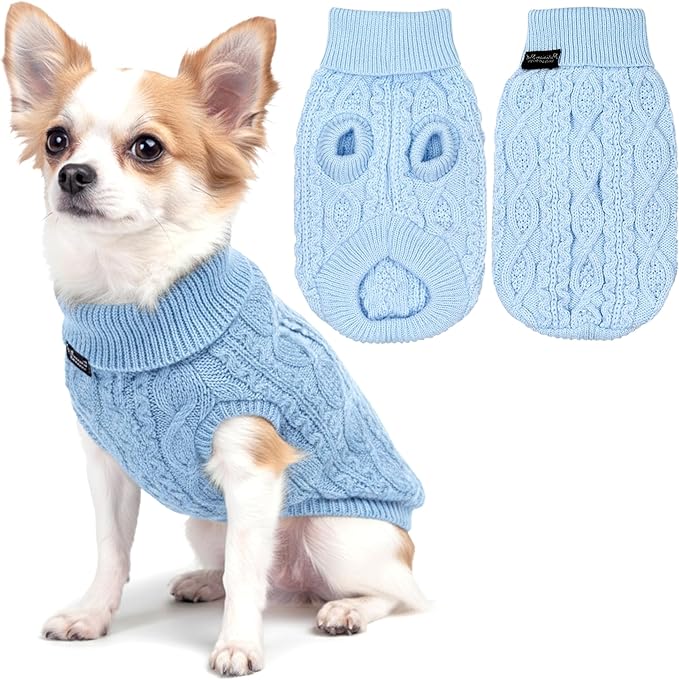 Parisian Pet Christmas Dog Sweaters - Pull Over, Turtle Neck Blue Dog Sweater - Cable Knit Thick Puppy Sweater - Fall, Winter Christmas Pet Clothes - Flexible Arm Holes Sweaters for Small Dogs - XS