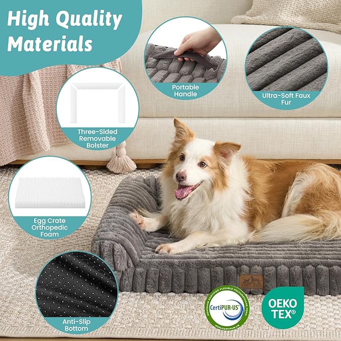 COZY KISS Cute Dog Bed for Small Dogs, Faux Rabbit Fur Orthopedic Foam Dog Bed with Sides, Removable Washable Cover & Waterproof Lining, Comfortable Pet Couch, Grey (30" L x 20" W x 6" Th)