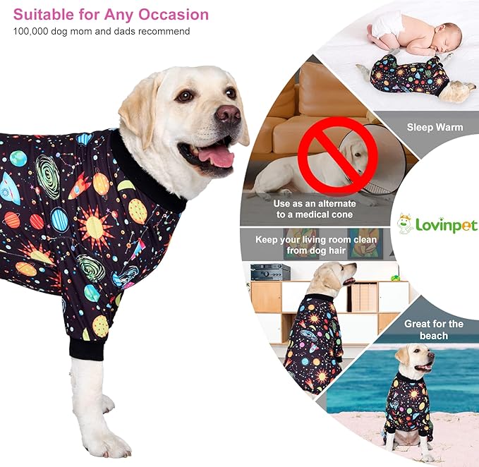 LovinPet Big Dogs Onesies: Big Dog Pajamas, Post Surgery/Wound Care, Lightweight Stretchy Fabric, Interstellar Black Print, Dog Jumpsuit, Anti Licking, Pet PJ's /3XL