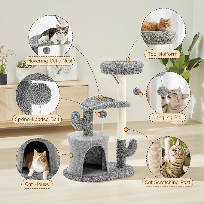 Aidoly 33 Inch Small Cat Tree Tower, Cat Tree with Curved Bed, Cat Tower with Scratching Post and Cozy Condo for Indoor Kittens and Cats, Grey