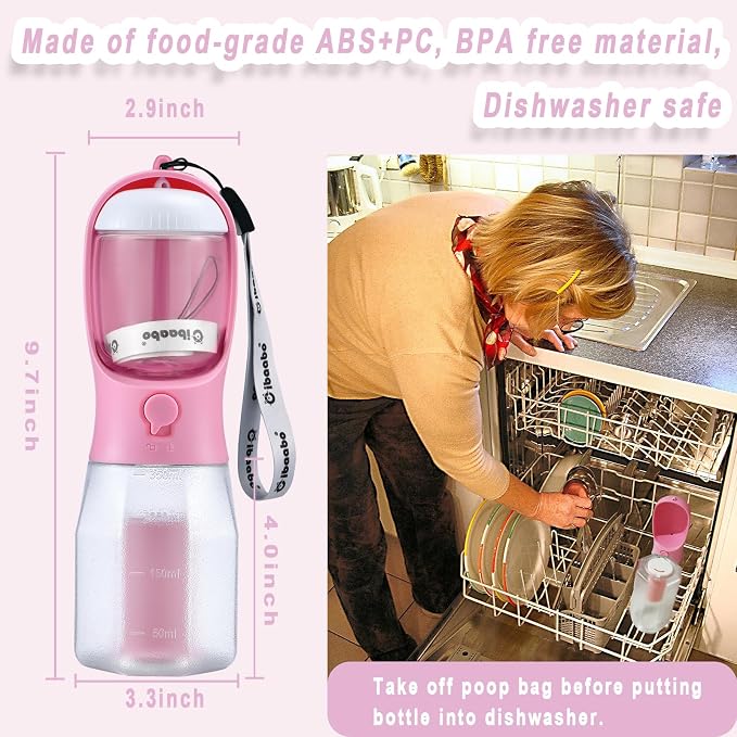 Cibaabo Dog Water Bottle with Food Container & Poop Bag Holder & Filter | Feeding & Hydration & Waste All in One | Travel Puppy Water Bowl | Portable Pet Dispenser | Girl Dog Accessories for Walking