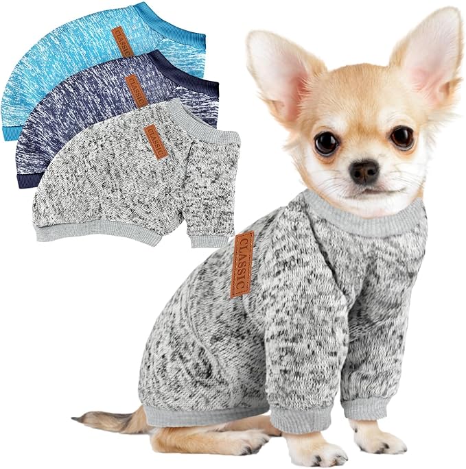 3 Pack Dog Sweaters for Small Dogs Girl Boy Winter Fleece Clothes Warm Soft Dog Sweatshirt Outfit for Dogs Cats Pet Apparel (Navy Blue+Grey+Light Blue, XX-Small)